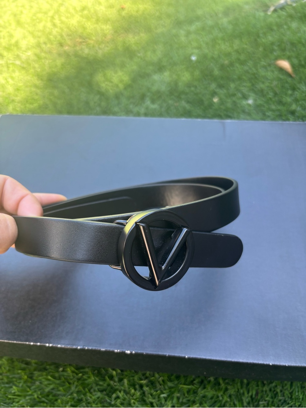 Valentino Black Logo V Buckle Leather Belt